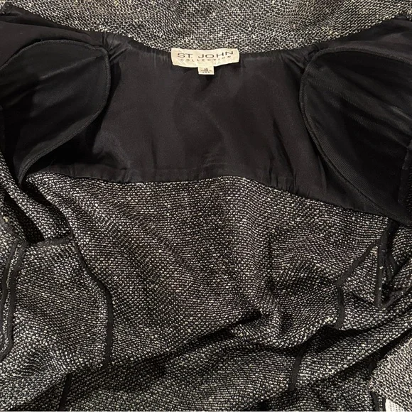 St. JOHN COLLECTION 10 Black White Tweed 3/4 Sleeve Metallic Fringe Trim Jacket - Picture 14 of 15